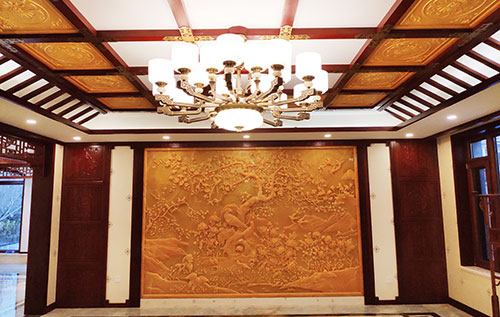 清水中式别墅客厅中式木作横梁吊顶装饰展示
